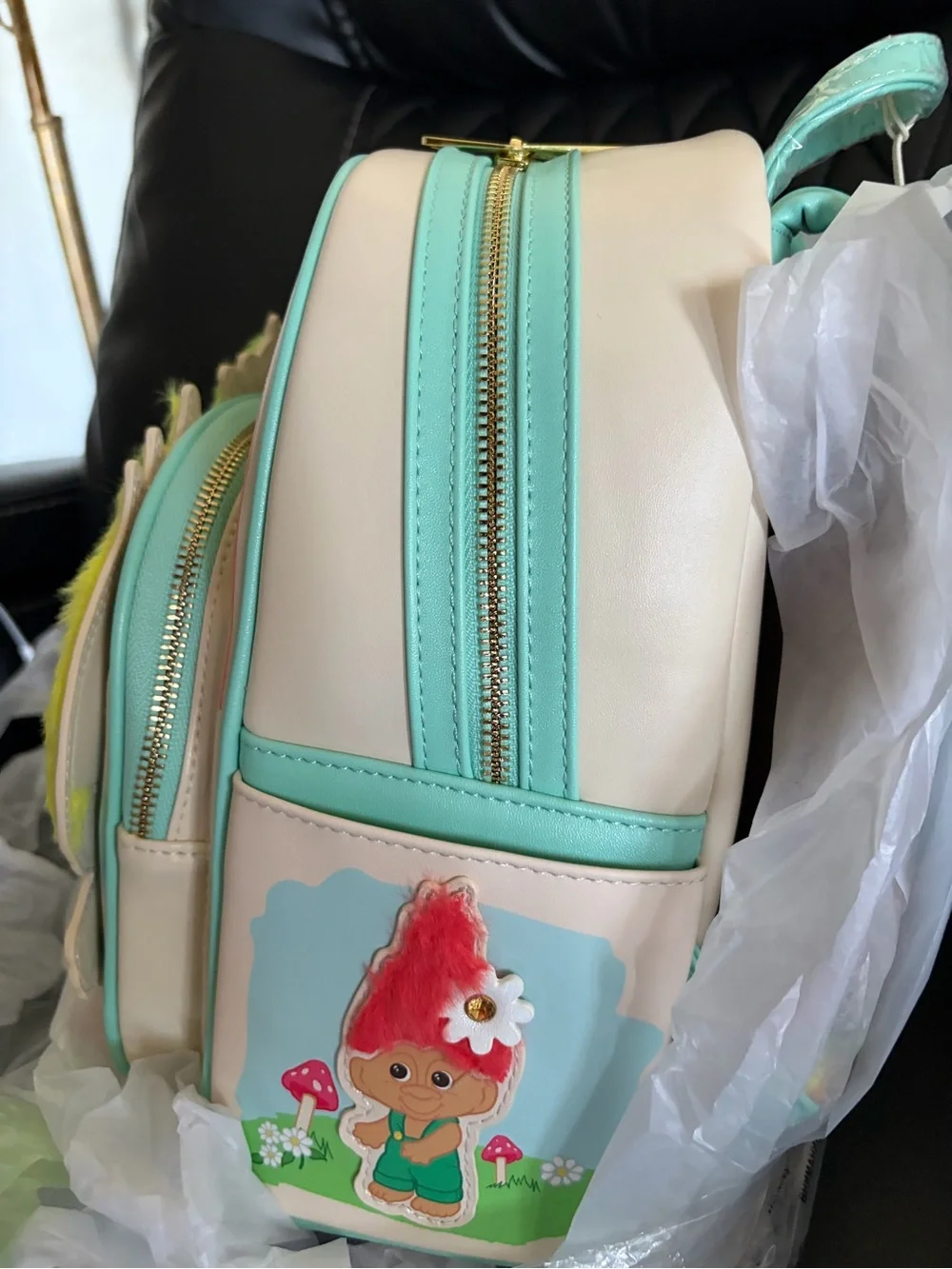 Loungefly Pastel Rainbow Trolls Mini Backpack with Lime & Yellow Hair